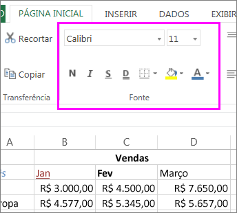 Os botões de configuração de fonte na Faixa de Opções