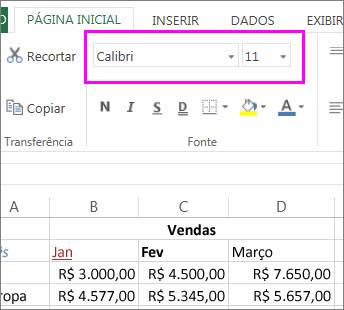 escolha outro estilo ou tamanho de fonte nos botões de fontes da Faixa de Opções