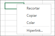 Captura de tela que mostra o botão direito do mouse para ver os comandos especiais Recortar, Copiar, Colar e Colar.