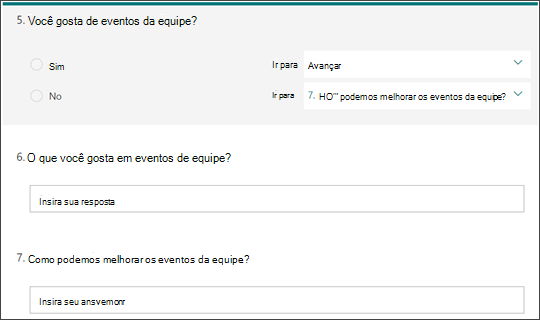 Exemplo de uma pergunta de ramificação