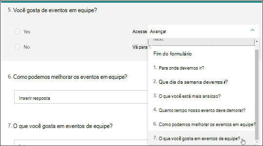 Criar ramos para outras perguntas com base na resposta de outra pergunta