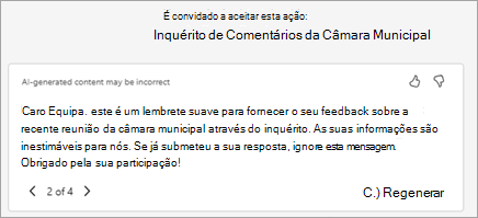 O Copilot gera um texto de convite sugerido automaticamente. Você pode editar o texto aqui ou selecionar Reescrever com o Copilot para pedir que ele gere uma nova versão.
