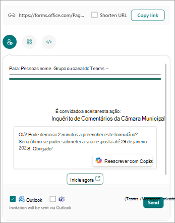Você pode enviar seu formulário de várias maneiras na tela de envio e coleta de respostas.