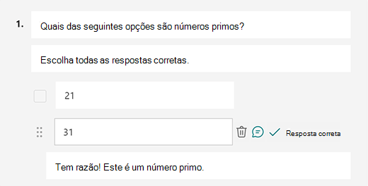Mensagem de resposta correta personalizada no Microsoft Forms