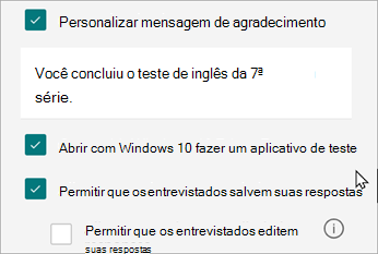 As configurações de um teste revelarão uma opção para respostas específicas para testes: Abrir com o Windows 10 Fazer um Teste