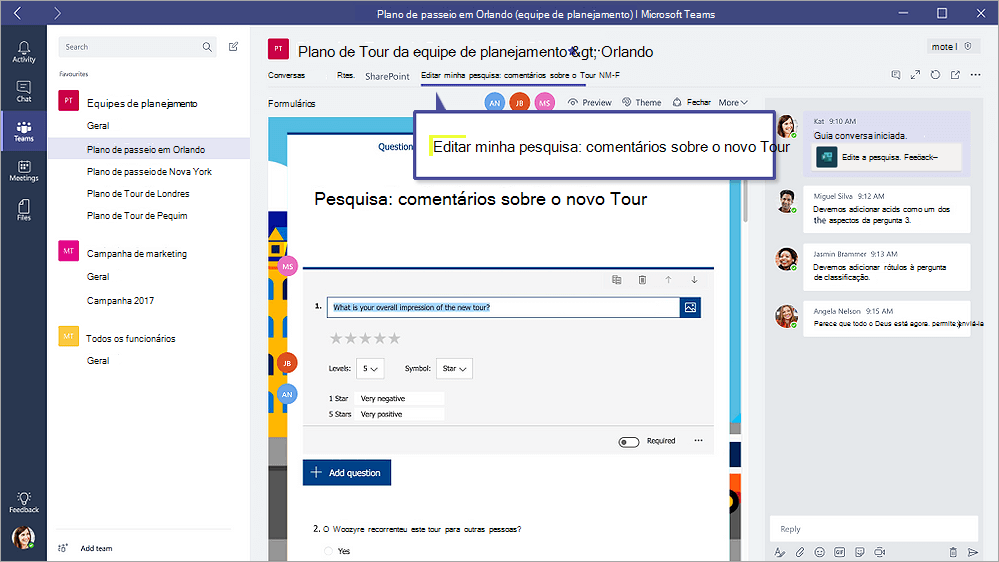 Guia Formulários no Microsoft Teams que mostra um formulário no modo Editar