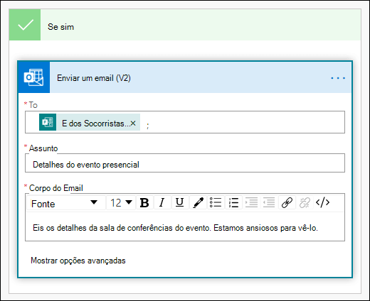 Adicione pessoas, uma linha de assunto e o corpo do texto ao seu email como uma ação no Power Automate