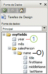 Painel Fonte de Dados com um campo e um grupo identificados