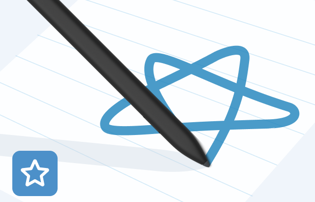 Imagem estilizada de uma caneta desenhando uma estrela de 5 pontiagudas em uma página