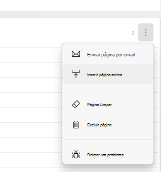 Uma captura parcial de uma página de Diário Microsoft mostrando o menu da página aberto.