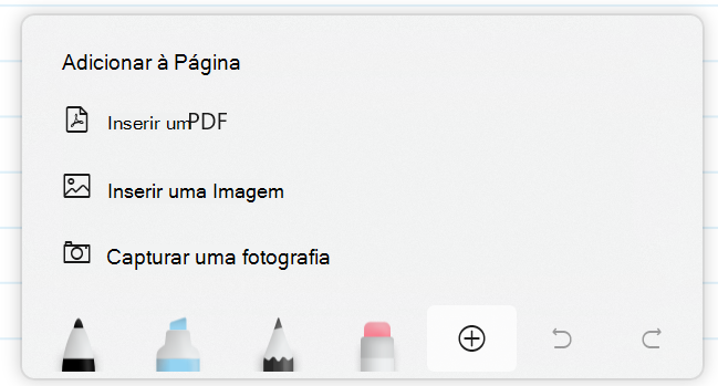 Captura de ecrã da barra de ferramentas de tinta digital com o menu Inserir expandido.