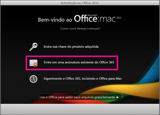 Página inicial de instalação do Office para Mac em que você entra com uma assinatura existente do Office 365.
