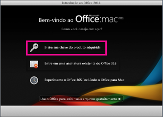 Tela de ativação do Office para Mac