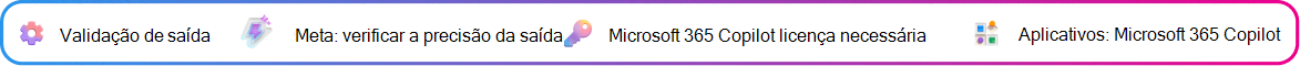 O card de contexto de validação de saída se concentrou em validar um resumo de decisão gerado pelo Copilot antes de agir sobre ele. Meta: confirmar a precisão breve. É necessária uma licença do Microsoft 365 Copilot. Aplicativo: Microsoft 365 Copilot.