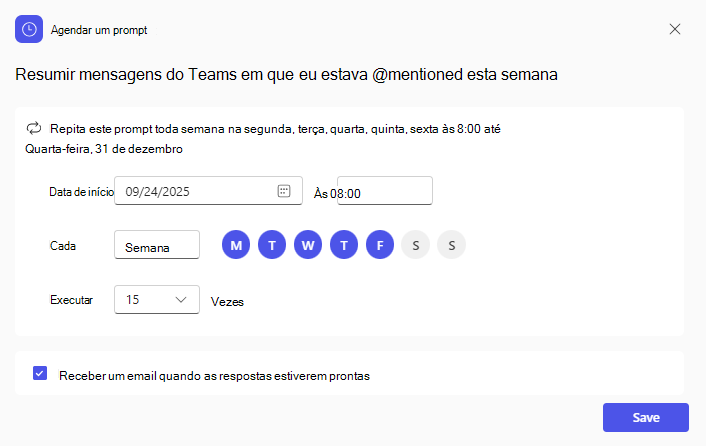 Mostra o ecrã Agendar uma linha de comandos com opções para quando o pedido deve ser executado.