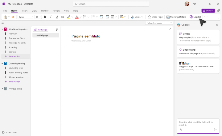 A tela Copilot inicial do OneNote.