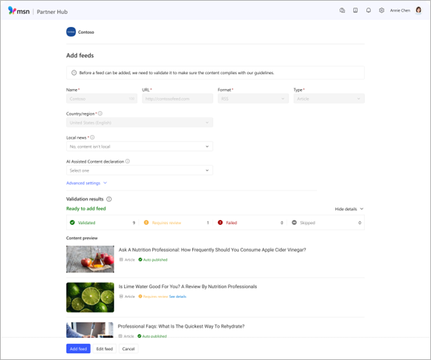 Uma vista dos detalhes de validação do feed no Hub de Parceiros do MSN
