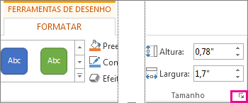 Iniciador de caixa de diálogo no grupo Tamanho da guia Formatar de Ferramentas de Desenho