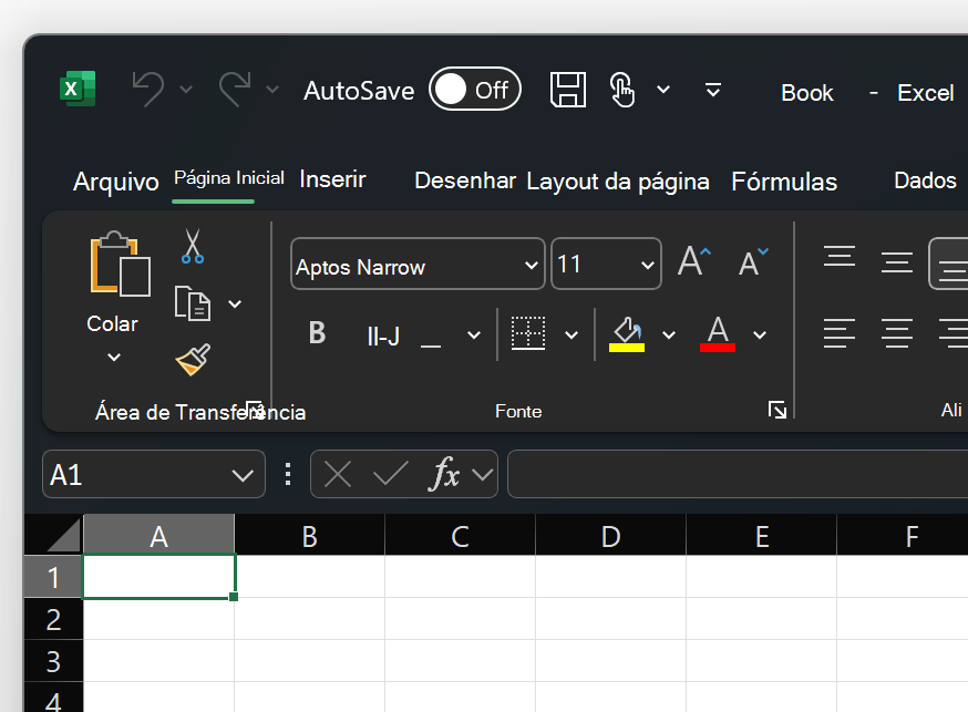 Uma captura de ecrã do canto superior esquerdo do Tema preto do Excel.
