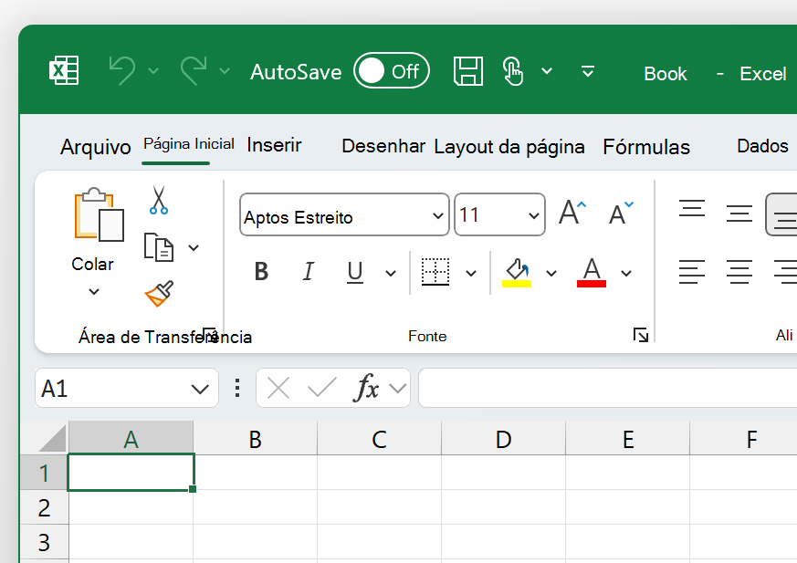Uma captura de ecrã do canto superior esquerdo do Excel no tema Colorido