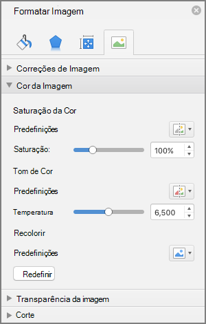 Ajustar as configurações de saturação de cor no painel Formatar Imagem