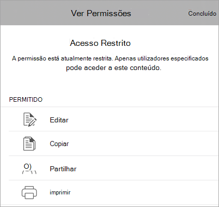 Captura de ecrã de uma caixa de diálogo a mostrar os direitos de IRM dos utilizadores.