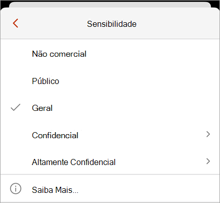 Captura de ecrã do menu de confidencialidade a mostrar as etiquetas de confidencialidade disponíveis.