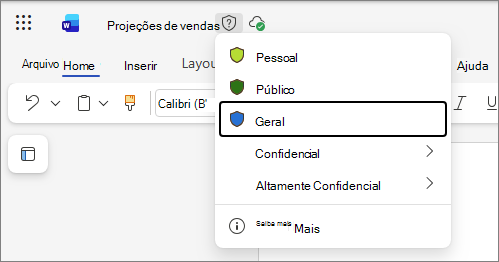 Lista pendente de etiquetas de confidencialidade no Office para a Web, com um documento Word como exemplo e nomes de etiquetas padrão