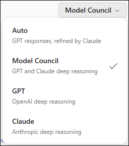 Captura de ecrã: Imagem a mostrar a seleção do modelo do Model Council