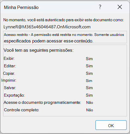 Captura de ecrã de uma caixa de diálogo a mostrar as permissões do utilizador