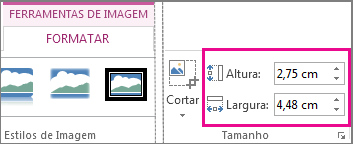 Caixas Altura e Largura na guia Formatar de Ferramentas de Imagem