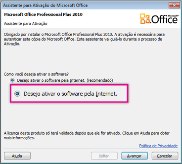 Ativar o software pela Internet