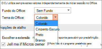 Mostra as opções do Tema do Office no PowerPoint 2016