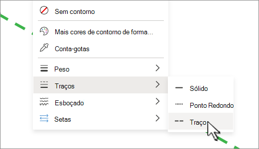Na guia Forma, em Contorno da Forma, você pode alterar uma linha sólida para tracejada ou pontilhada.