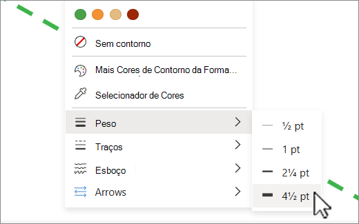 Na guia Forma, em Contorno da Forma, você pode usar as opções de Espessura para alterar a espessura da linha selecionada.
