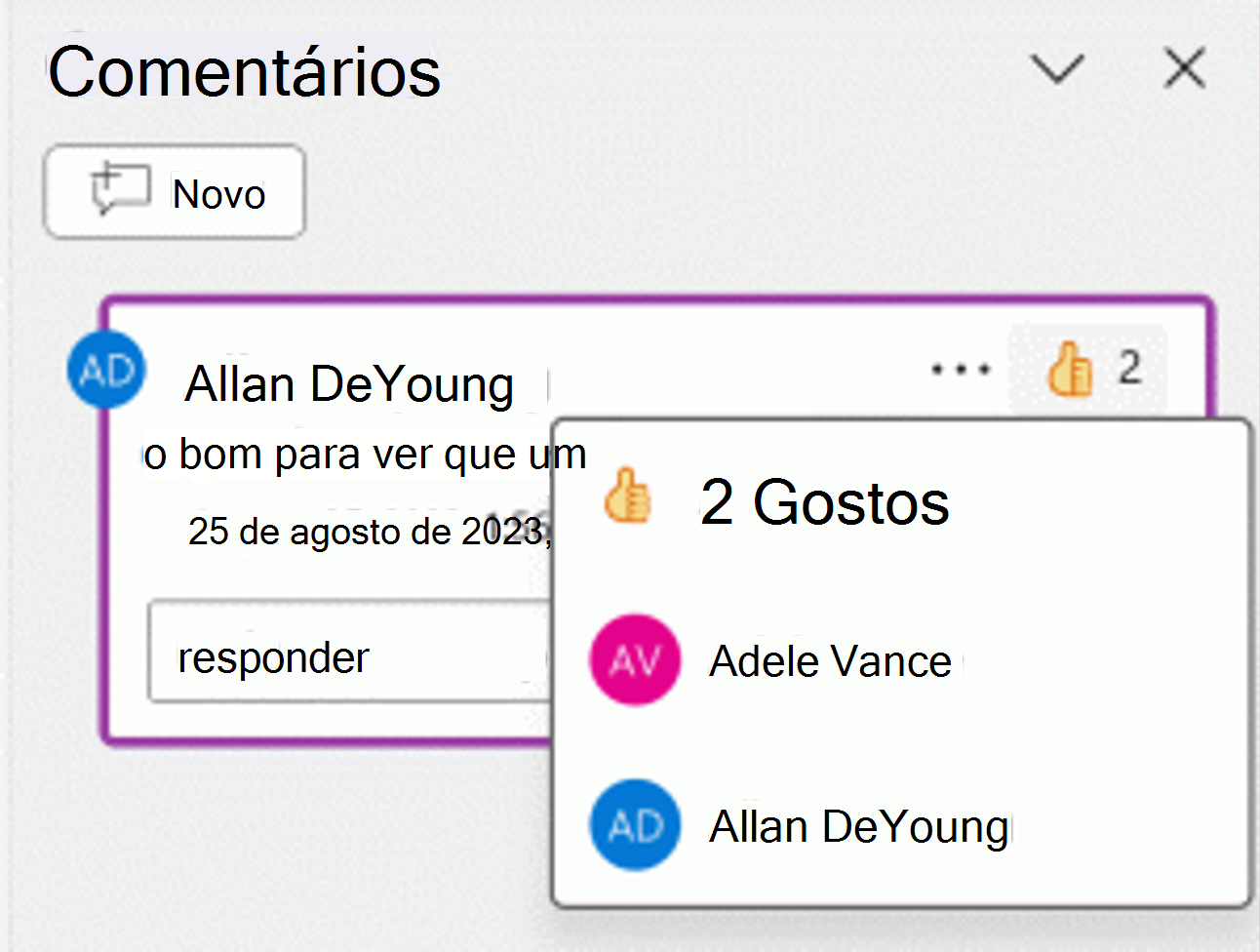 Captura de tela de uma reação de curtir a um comentário