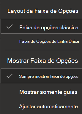 Captura de tela da faixa de opções na web.