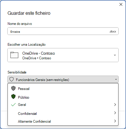 Captura de ecrã a mostrar a caixa de diálogo Guardar com a barra de confidencialidade expandida para mostrar opções de etiqueta de sensibilidade.