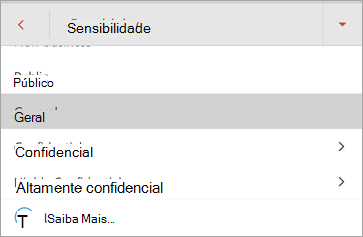 Captura de ecrã das etiquetas de confidencialidade no Office para Android