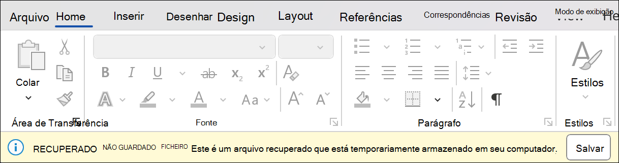 Uma captura de tela da recuperação de sessão no Word que informa Recuperar arquivo não salvo: este é um arquivo recuperado que está temporariamente armazenado em seu computador. Ao lado, há um botão de salvamento.