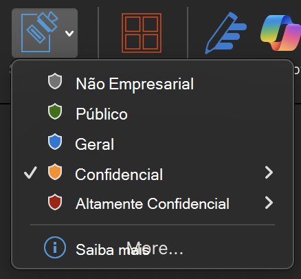 Menu de confidencialidade expandido a mostrar as opções de etiqueta de confidencialidade