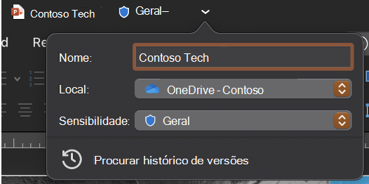 Menu pendente da barra de título expandida a mostrar o nome, a localização e a sensibilidade do ficheiro.