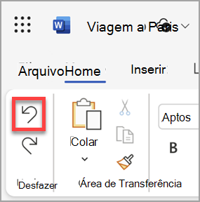 O botão Desfazer no Microsoft Word para a Web.