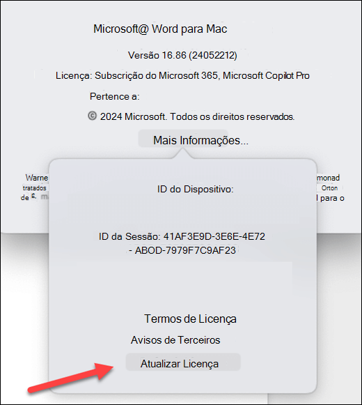 Localizando o botão Atualizar Licença no Microsoft Word no MacOS.