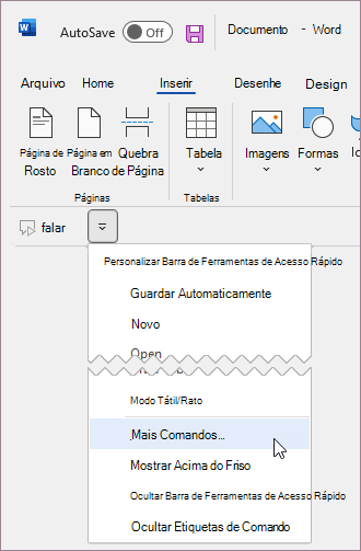 Adicionar um comando personalizado à Barra de Ferramentas de Acesso Rápido