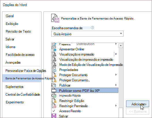 Comando Adicionar nas Opções