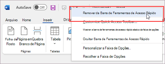 Remover o comando da Barra de Ferramentas de Acesso Rápido