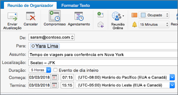 Convite de reunião mostrando dois fusos horários diferentes