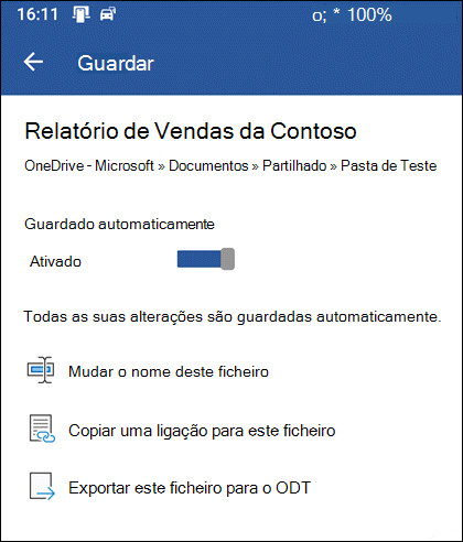 O menu Salvar no Word para Android