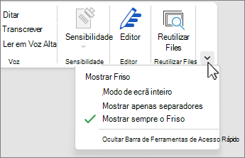 Menu de opções de exibição da faixa de opções